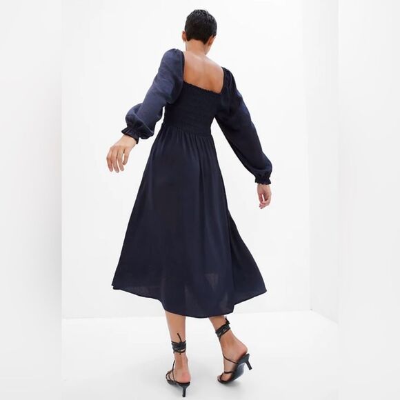 GAP Navy Smocked Bust Square Neck Long Sleeve Midi Dress - Picture 2 of 11